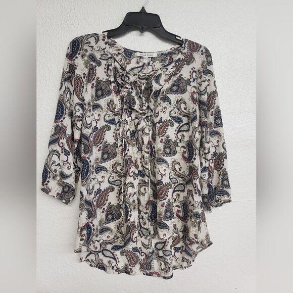 Black Rainn Paseley Blouse with Lace Up Tie and V panel on the back Size S - Picture 6 of 8